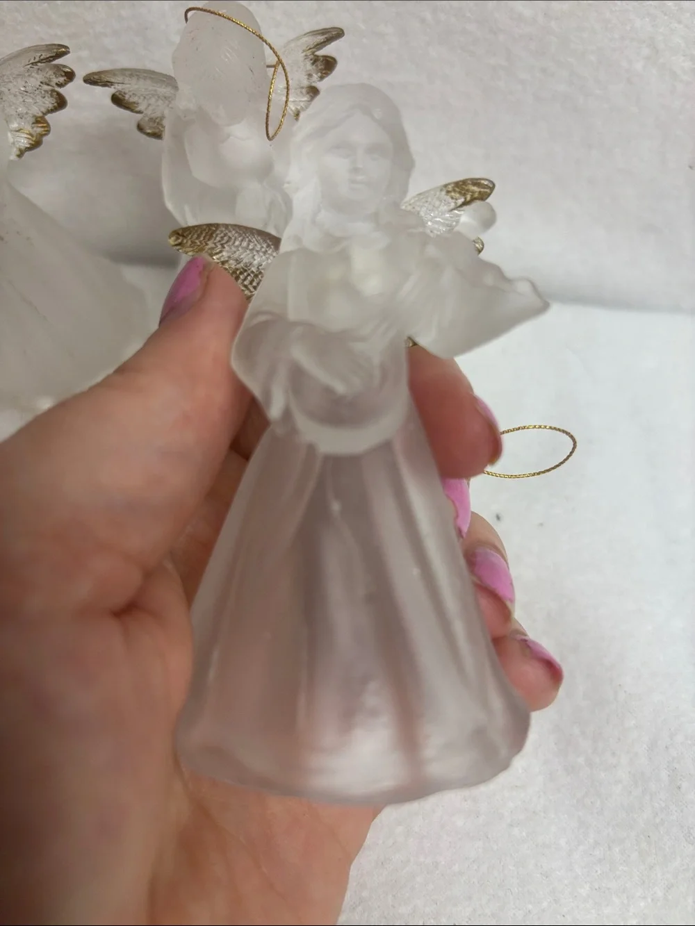 Frosted Acrylic Angel Figurines Set - White with Gold Accents Vintage